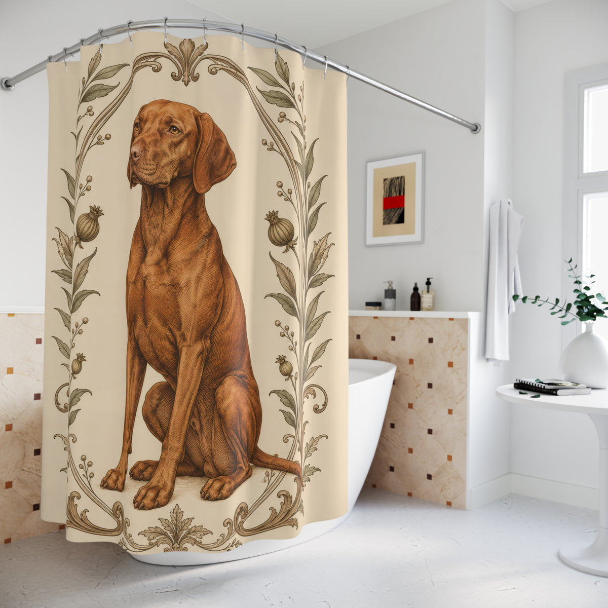 Antique botanical Vizsla portrait shower curtain beside a freestanding tub