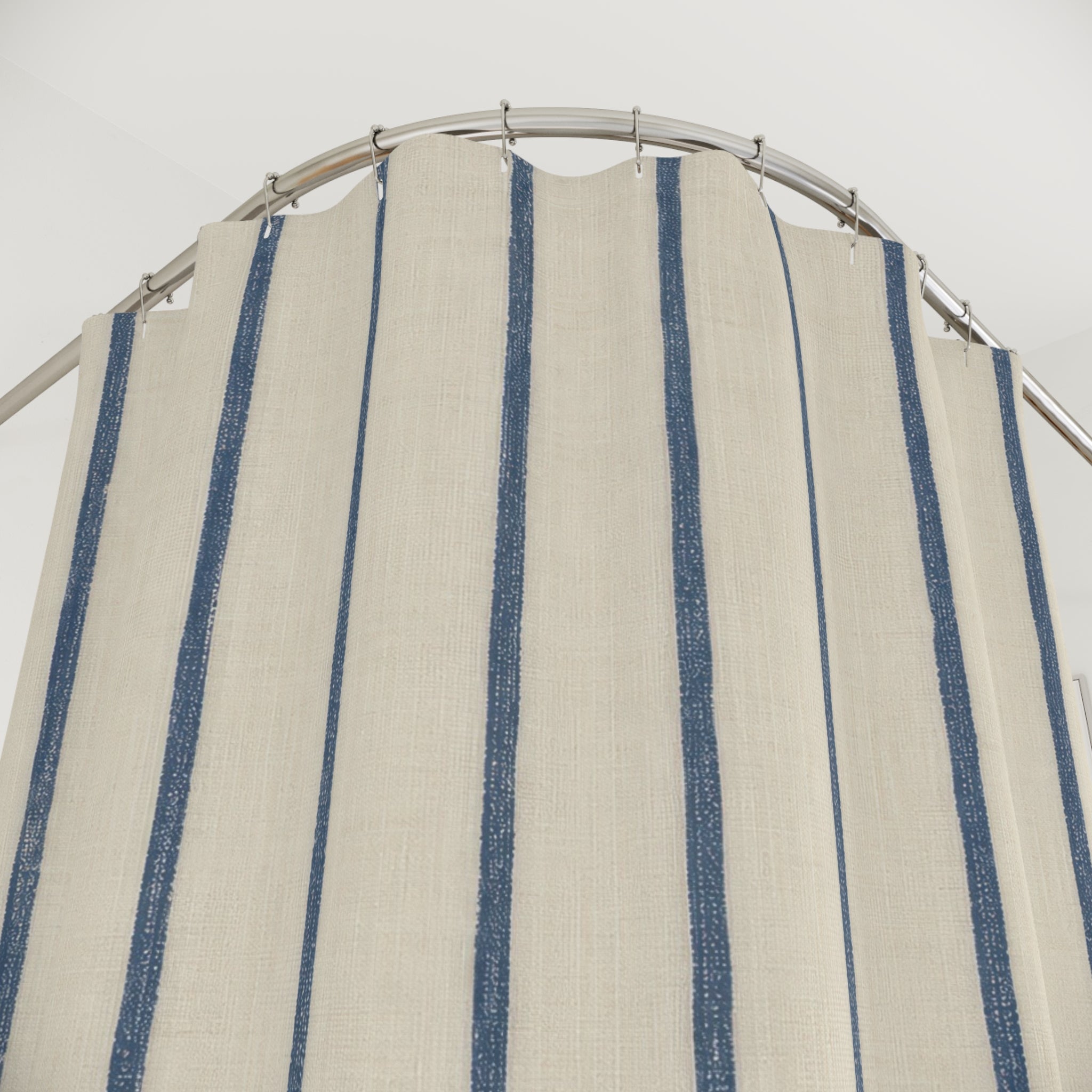 Blue Ticking Shower Curtain, French Stripe Bath Decor, Cream Vertical Stripe Pattern, Classic Guest Bathroom Decor, Blue Ticking Style