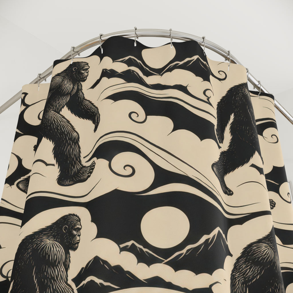Black Bigfoot figures in cream cloud bands with mountains shower curtain with close-up print, hooks, and folds