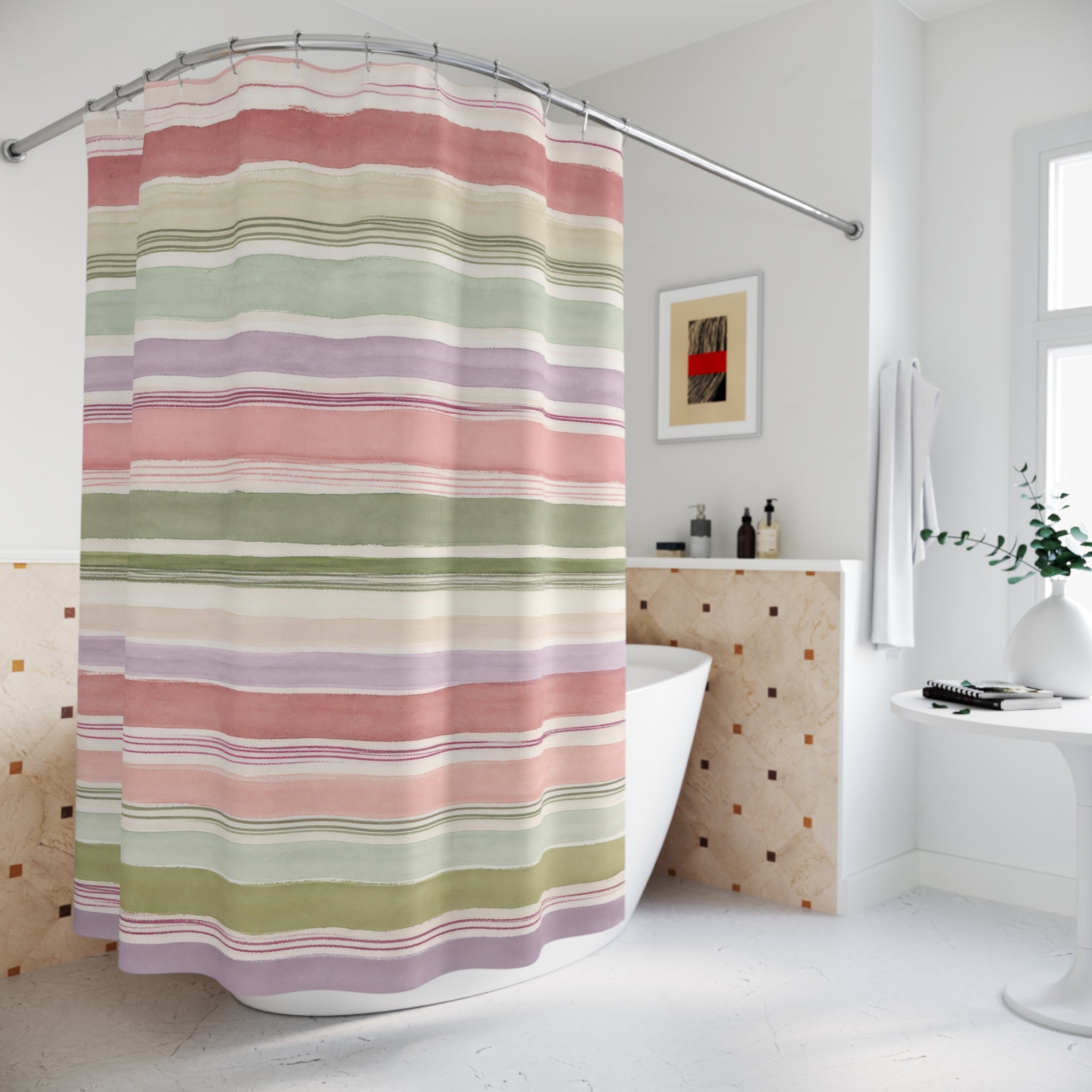 Blush Sage Lavender Watercolor Stripe Shower Curtain