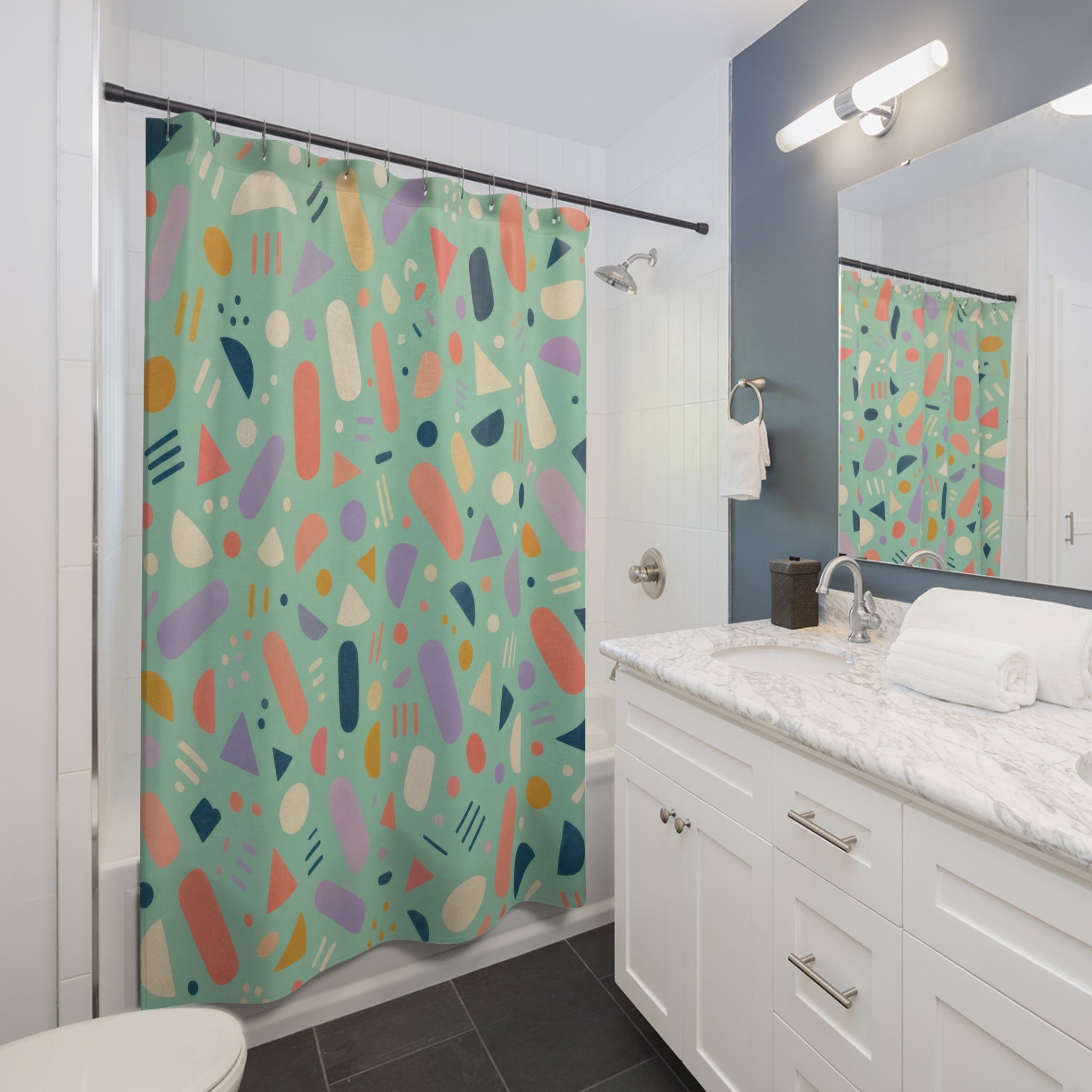 Mint Confetti Memphis Retro Shower Curtain