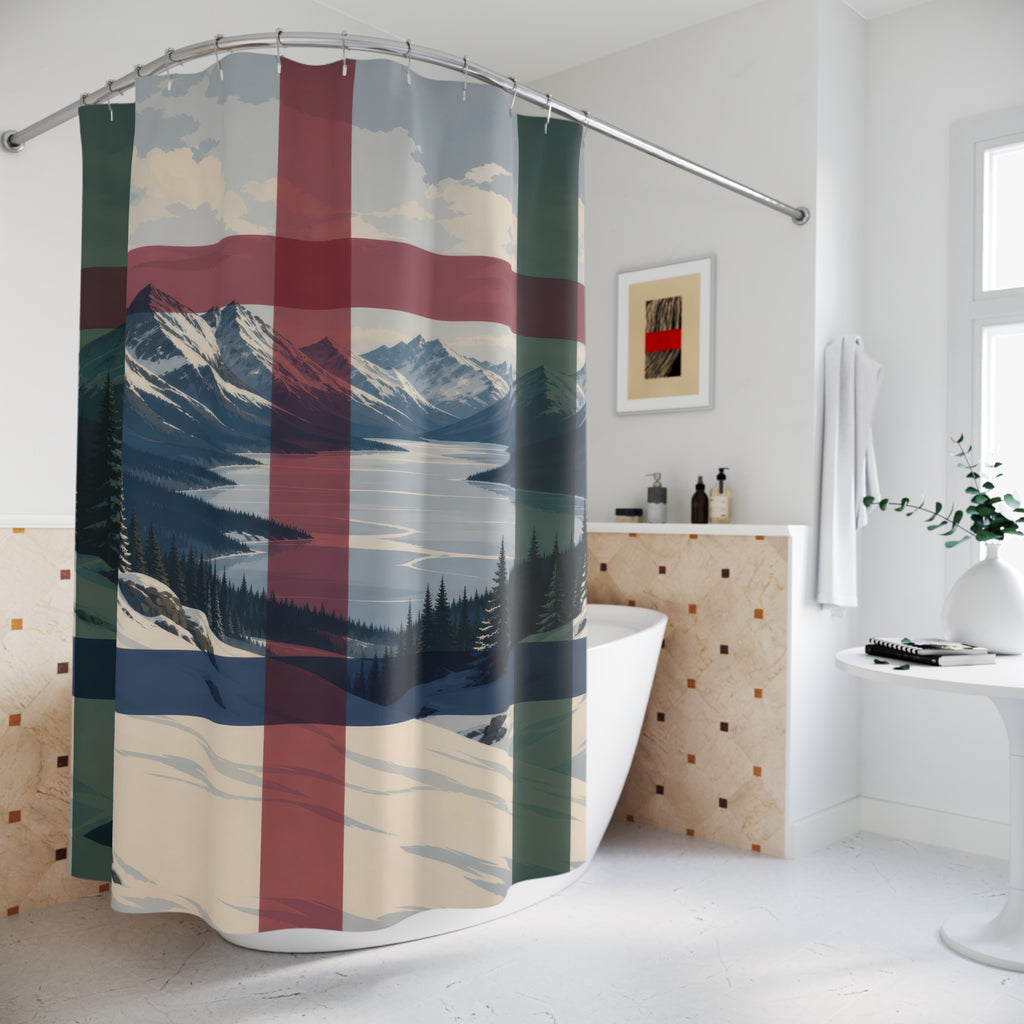 Navy cranberry plaid over a snowy mountain lake shower curtain beside a freestanding tub