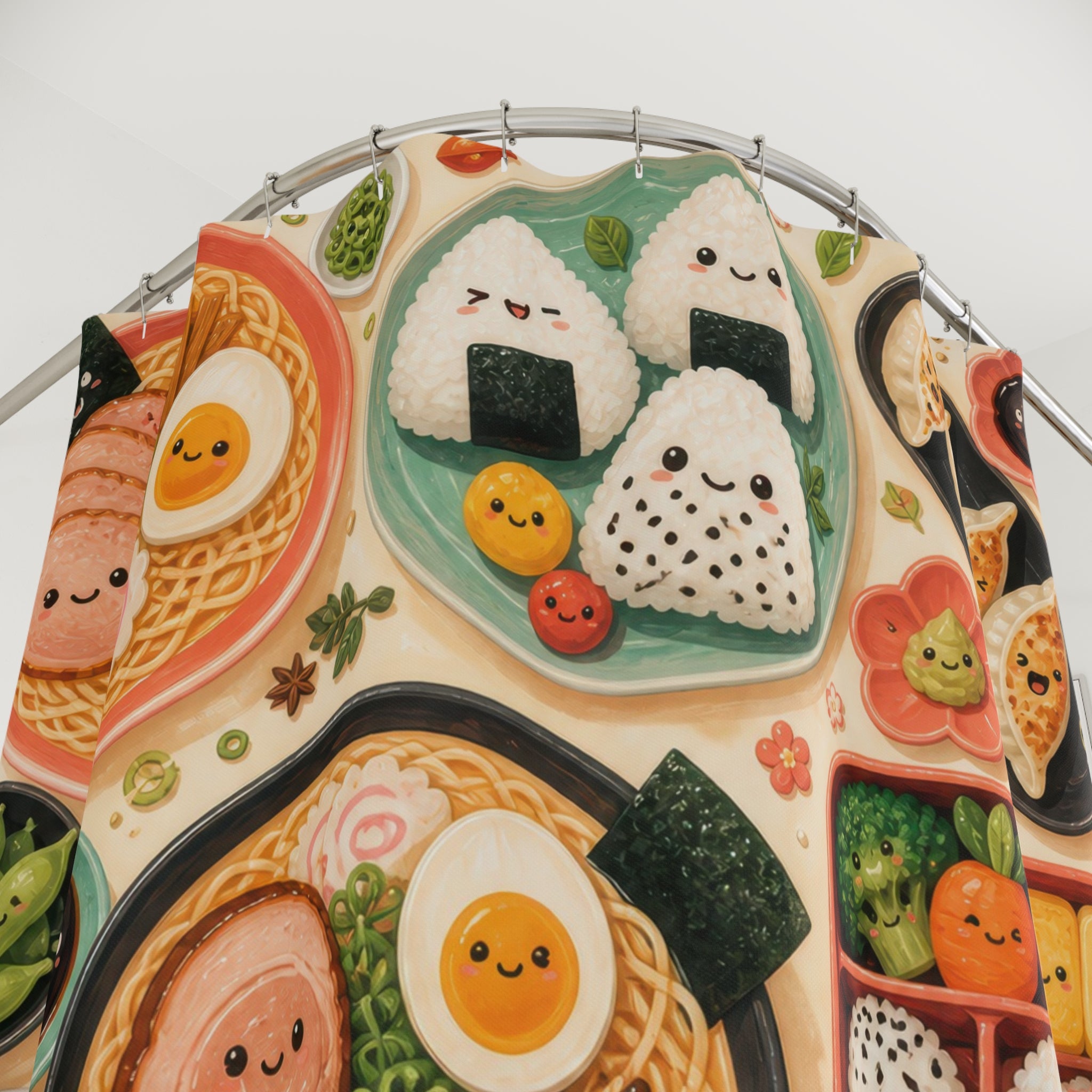 Close-up of Smiling ramen bowls and tiny bento foods in a coral mint mosaic shower curtain with hooks and folds