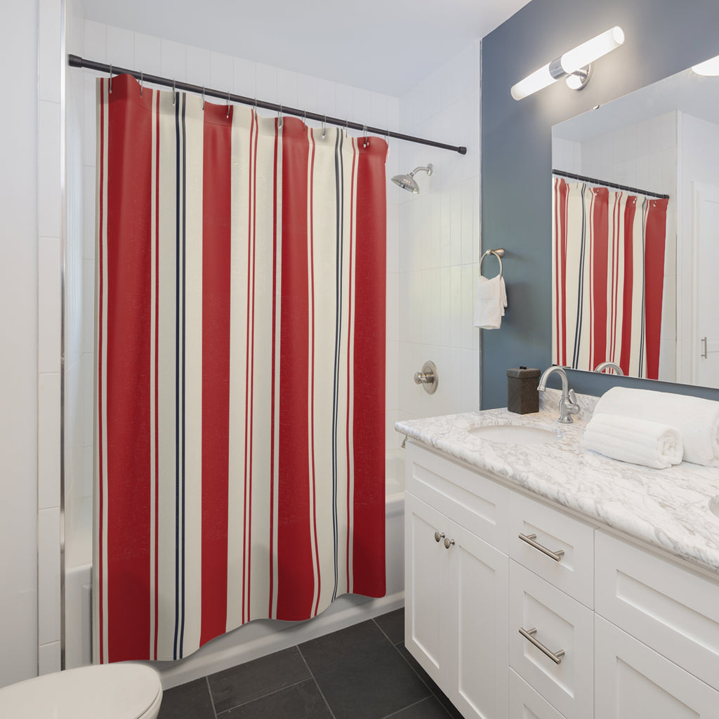 Regatta Red Stripe Shower Curtain, Red Navy Classic Bathroom Decor, Modern Stripe Bath Curtain, Guest Bath Decor, Small Bathroom Decor