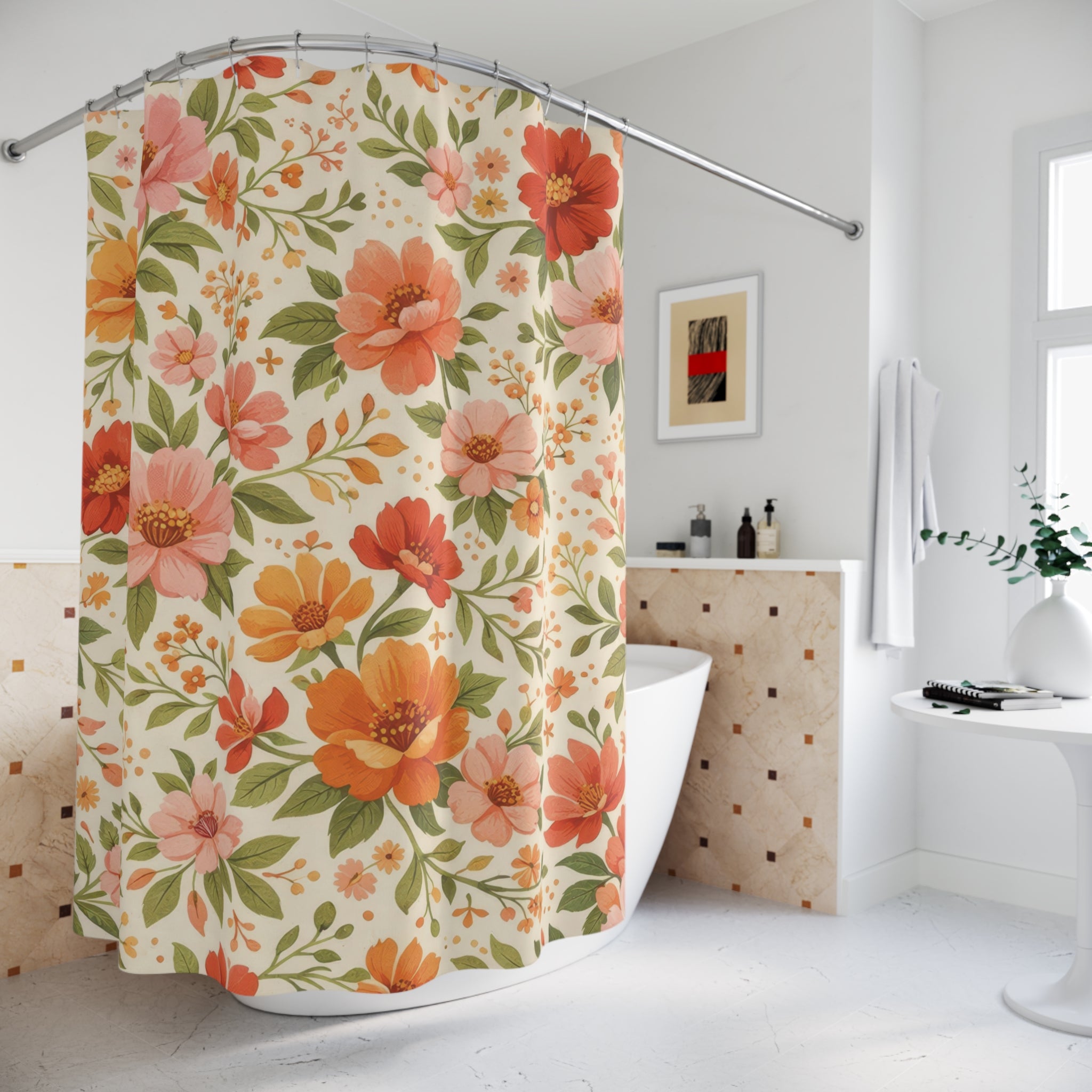 Sunset Floral Shower Curtain – Orange & Pink Boho