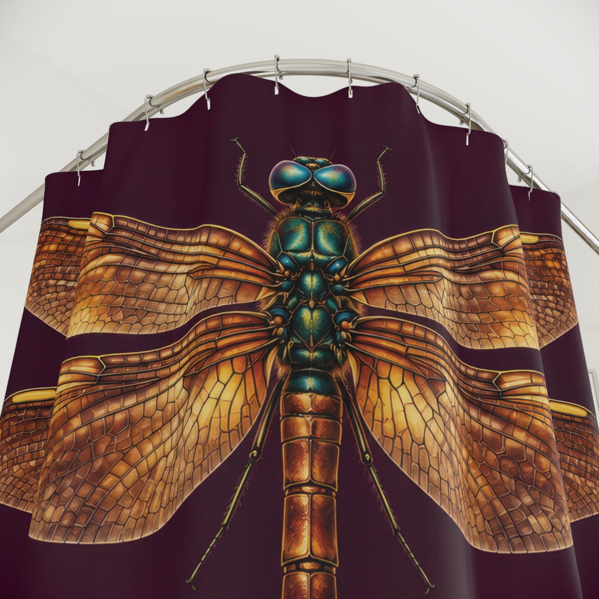 Amber-winged dragonfly on deep plum shower curtain with close-up print, hooks, and folds