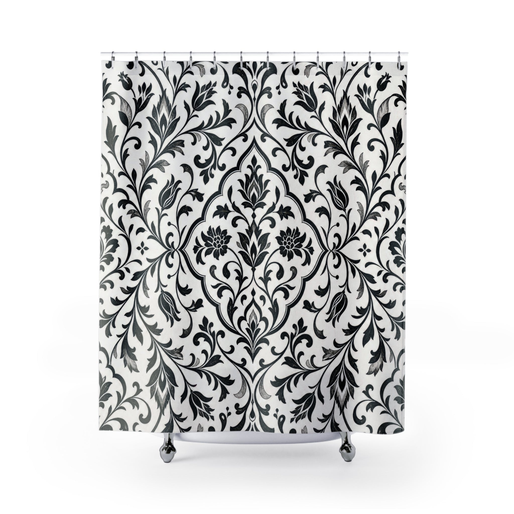Black White Damask Floral Acanthus Medallion Vintage Shower Curtain
