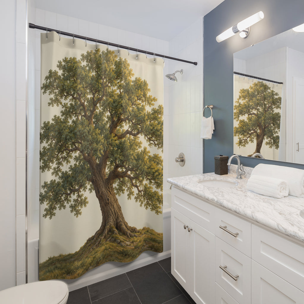 Olive green oak tree on cream shower curtain beside a white vanity