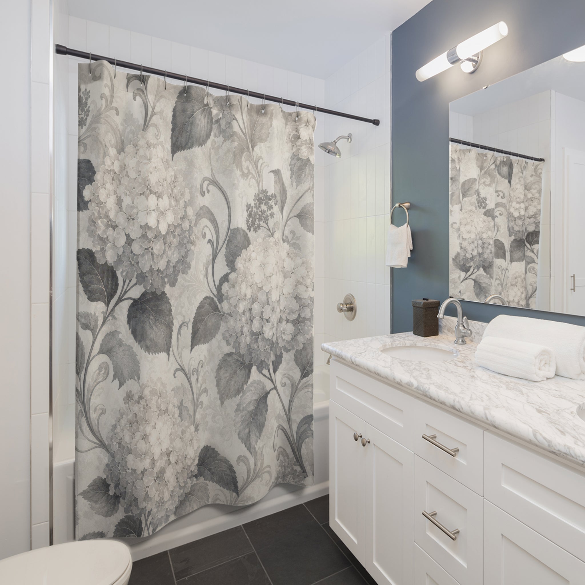 Gray White Hydrangea Botanical Shower Curtain