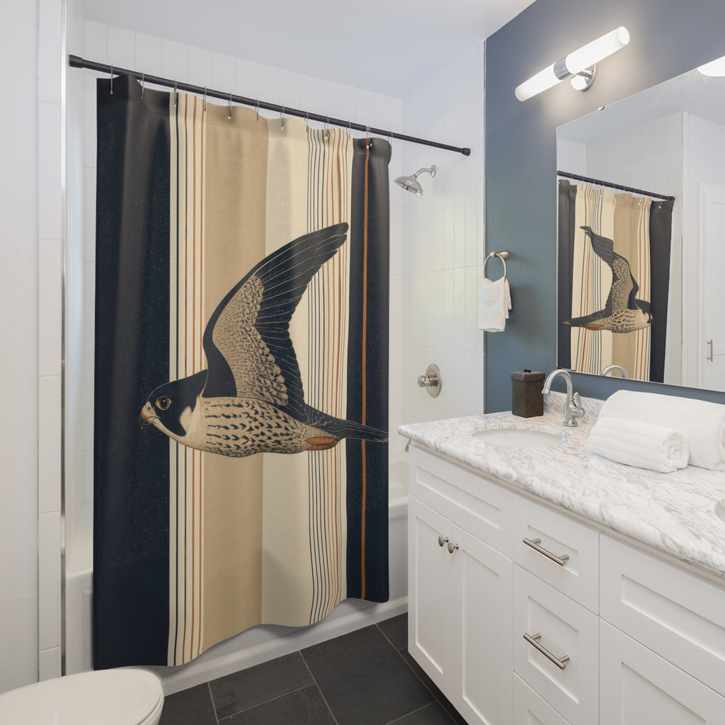 Flying block-print falcon over navy flax and ivory stripes shower curtain installed beside a white vanity