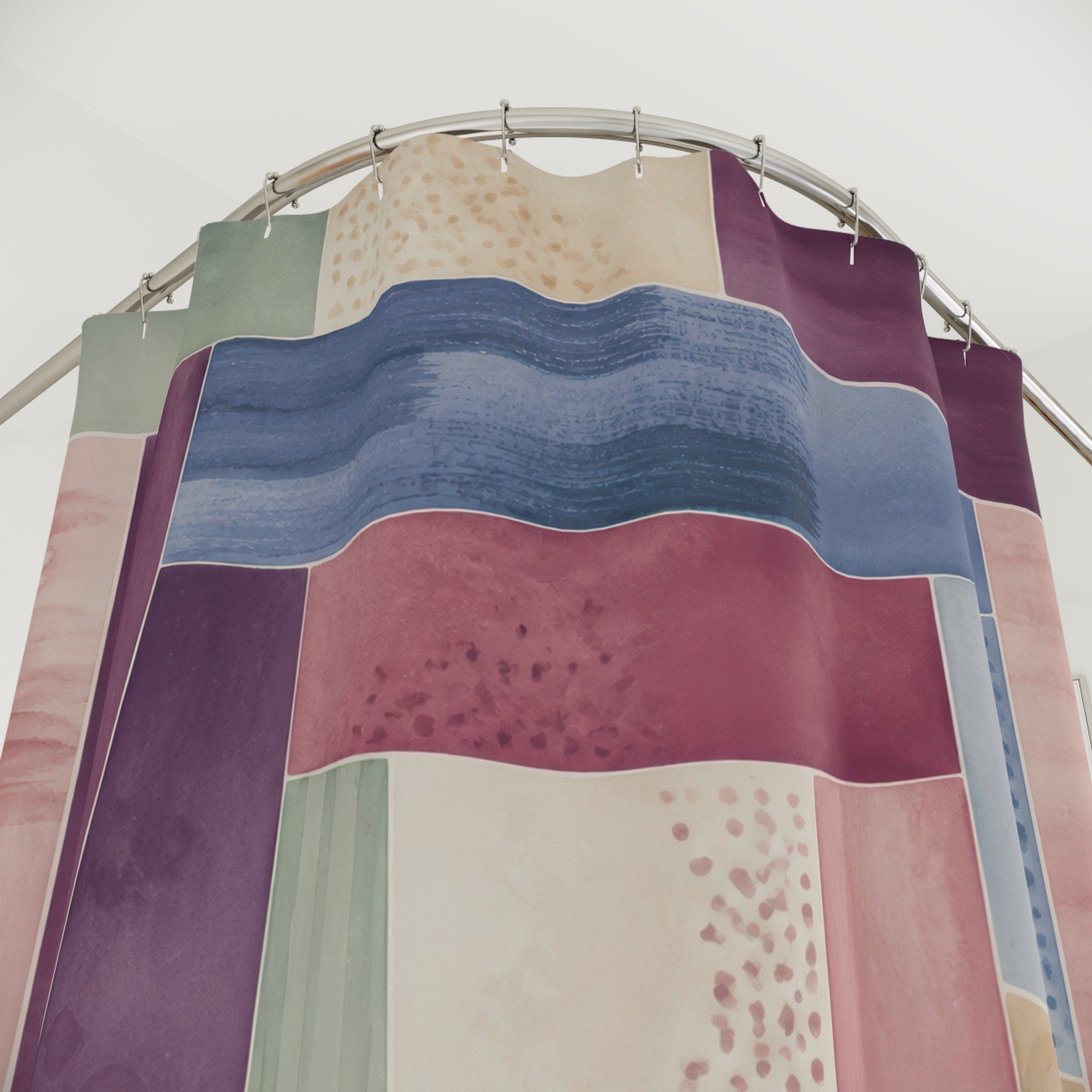 Watercolor patchwork broken frames shower curtain with close-up print, hooks, and folds