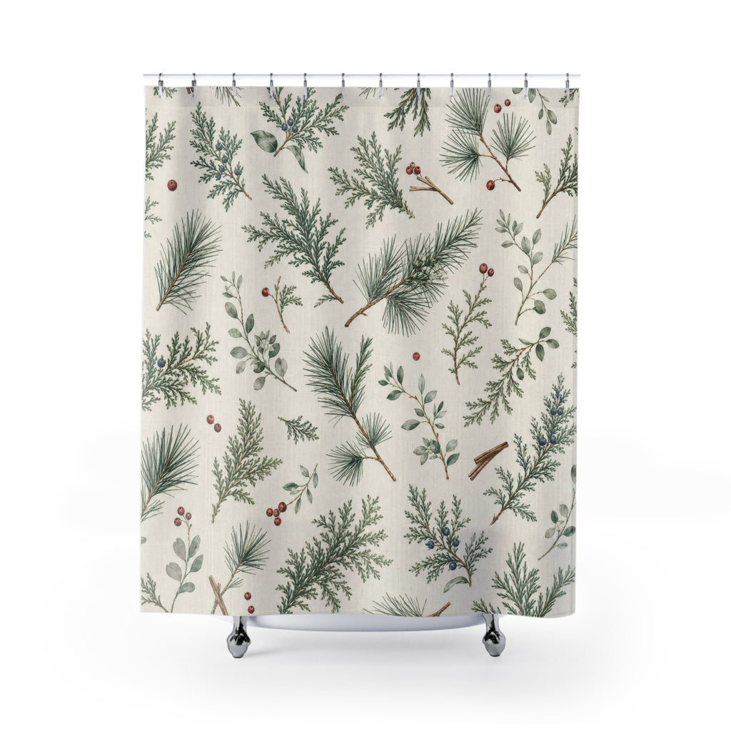 Christmas Shower Curtain, Green Winter Botanical Bath Decor, Pine Berry Sprig Pattern, Soft Green Farmhouse Guest Bathroom Decor Style