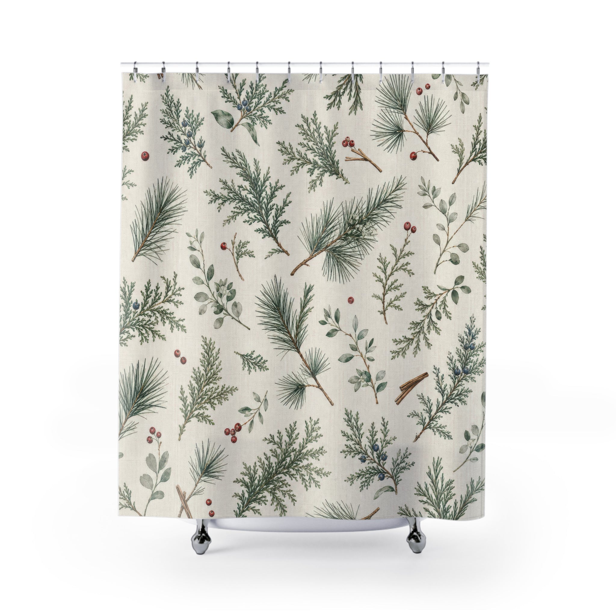 Christmas Shower Curtain, Green Winter Botanical Bath Decor, Pine Berry Sprig Pattern, Soft Green Farmhouse Guest Bathroom Decor Style