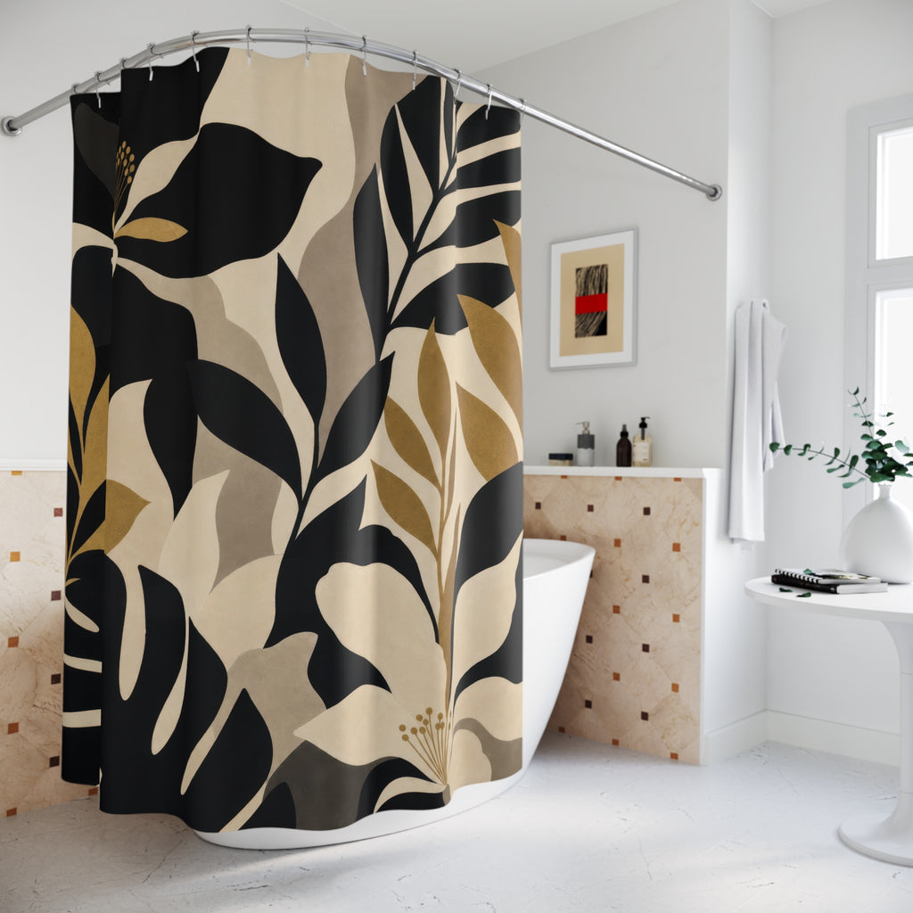 Gold Tropical Leaf Black Floral Shower Curtain