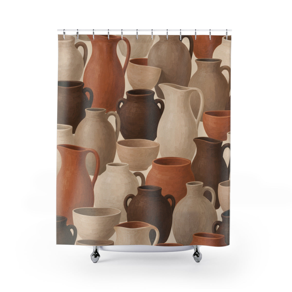 Terracotta and cream pottery shower curtain with full front view