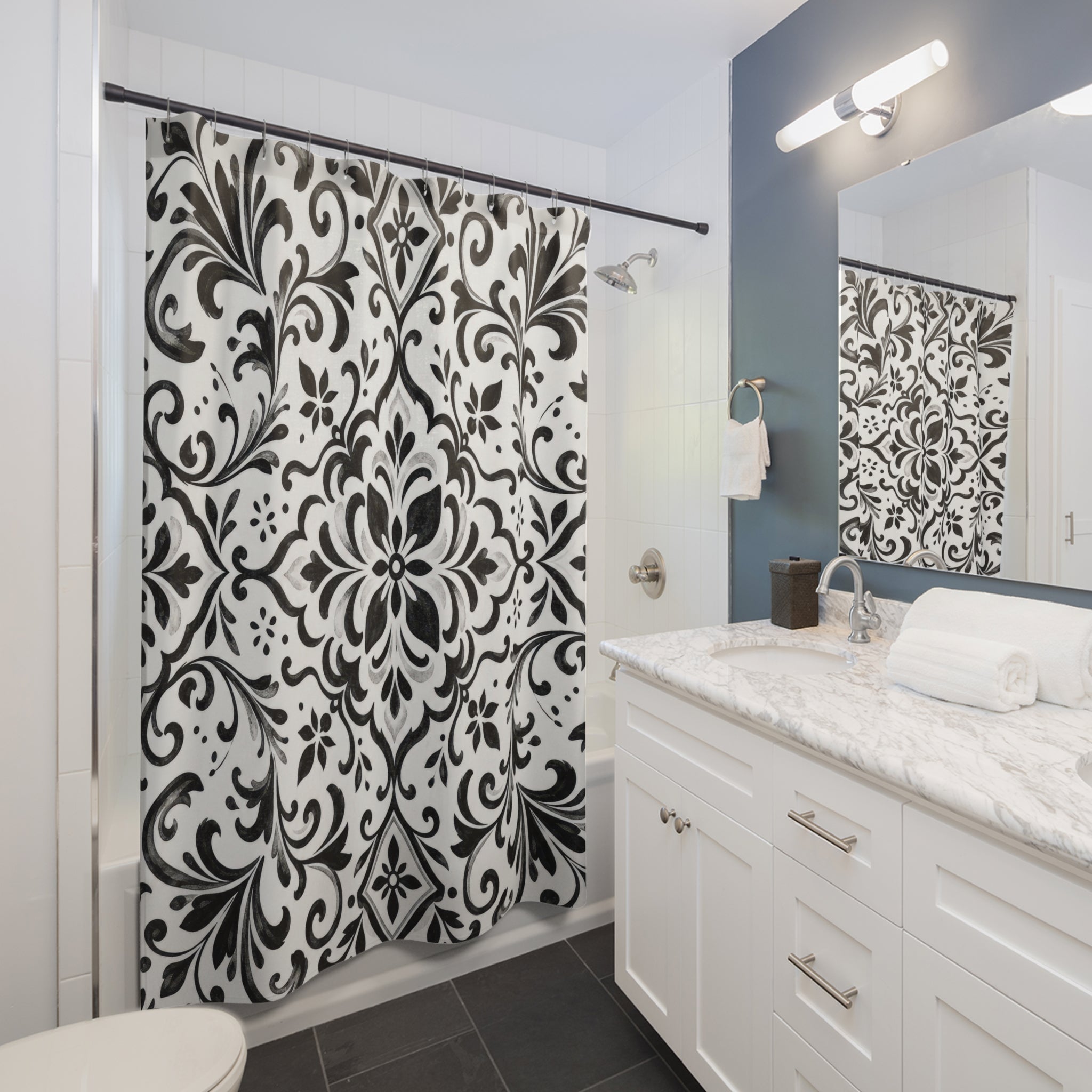 Black White Damask Floral Botanical Scroll Medallion Shower Curtain