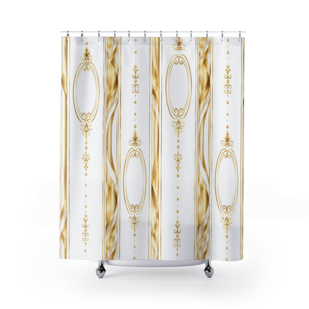 Gold Regency ribbons and vertical ornament on white shower curtain with full front view