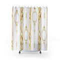 Gold Regency ribbons and vertical ornament on white shower curtain with full front view
