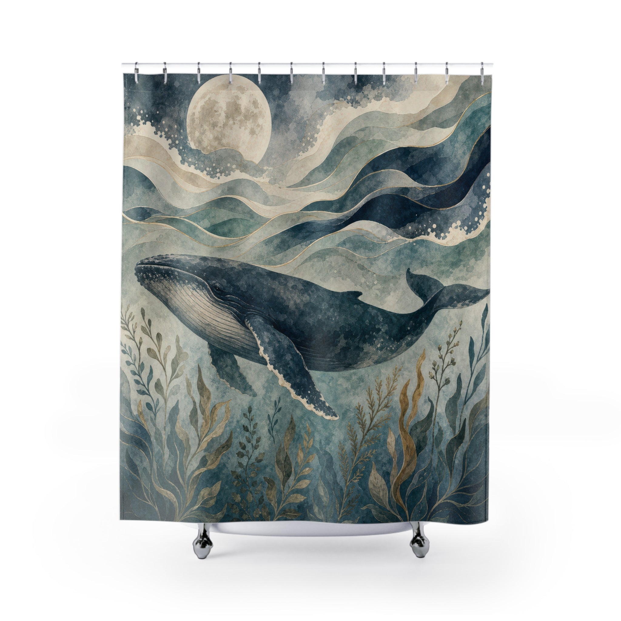 Whale Shower Curtain, Blue Watercolor Ocean Scene, Coastal Bathroom Decor, Nautical Guest Bath Sea Life Moonlit Style Art