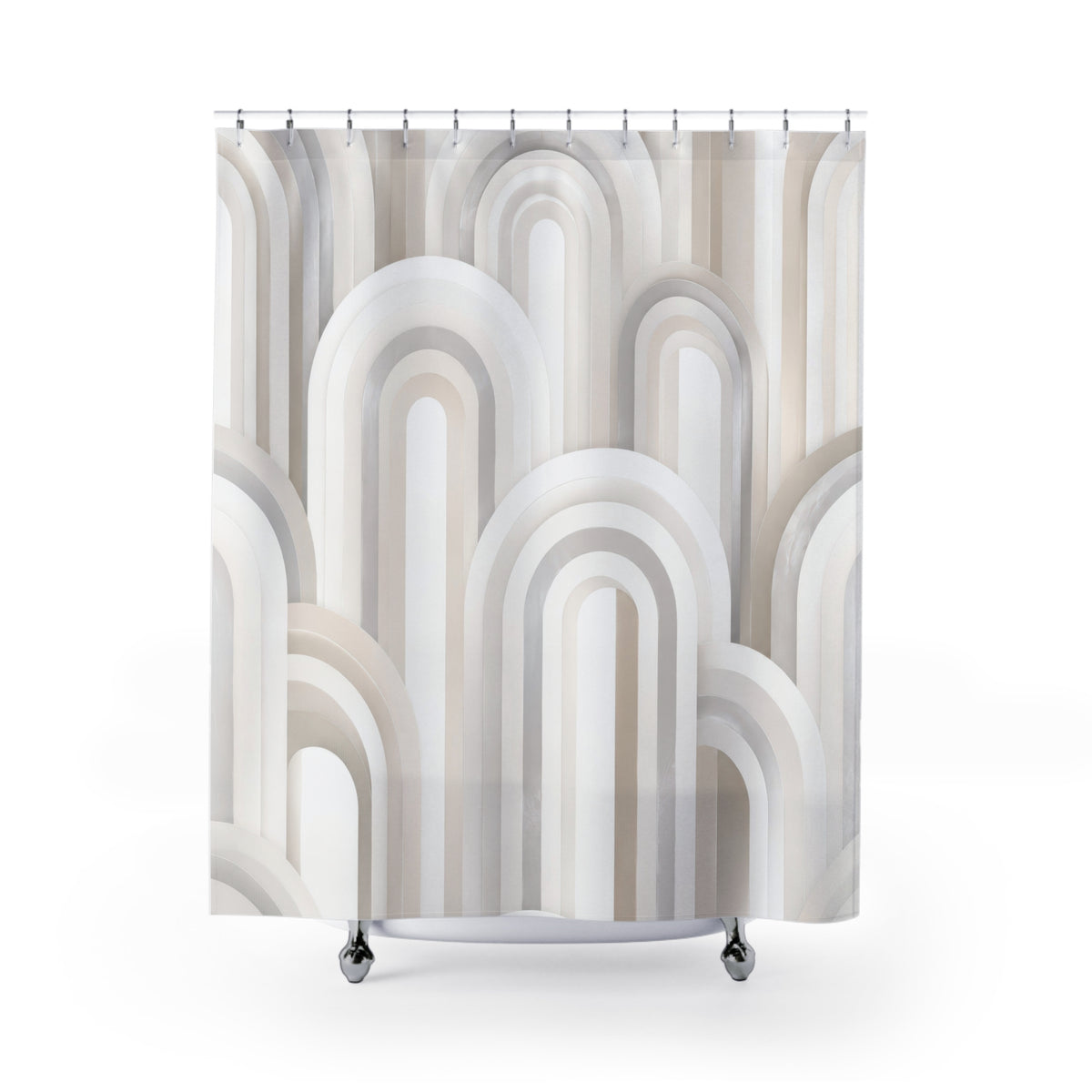 Layered white and ivory nested arches with pearl-gray edges shower curtain with full front view