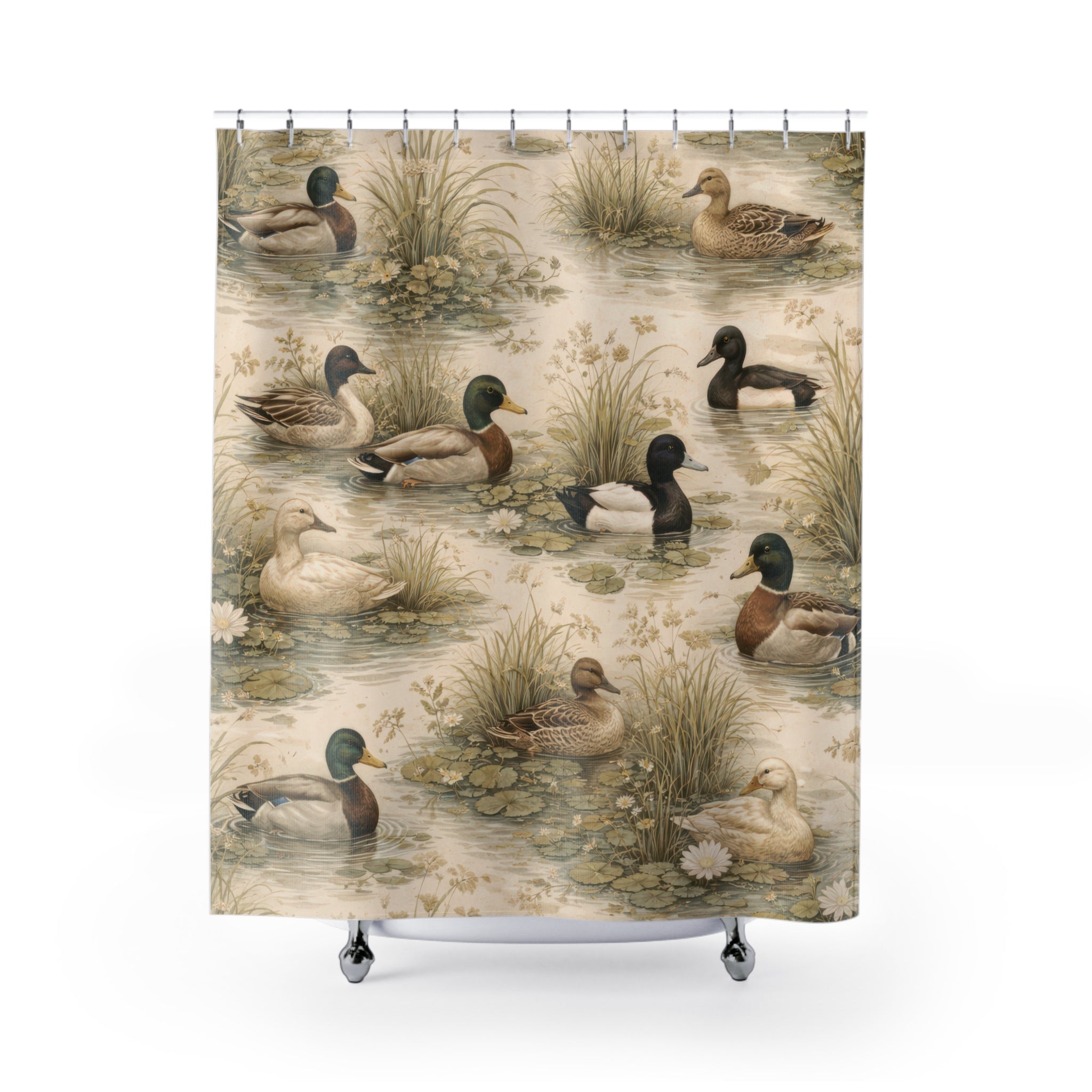 Duck Pattern Shower Curtain – Vintage Marsh Scene