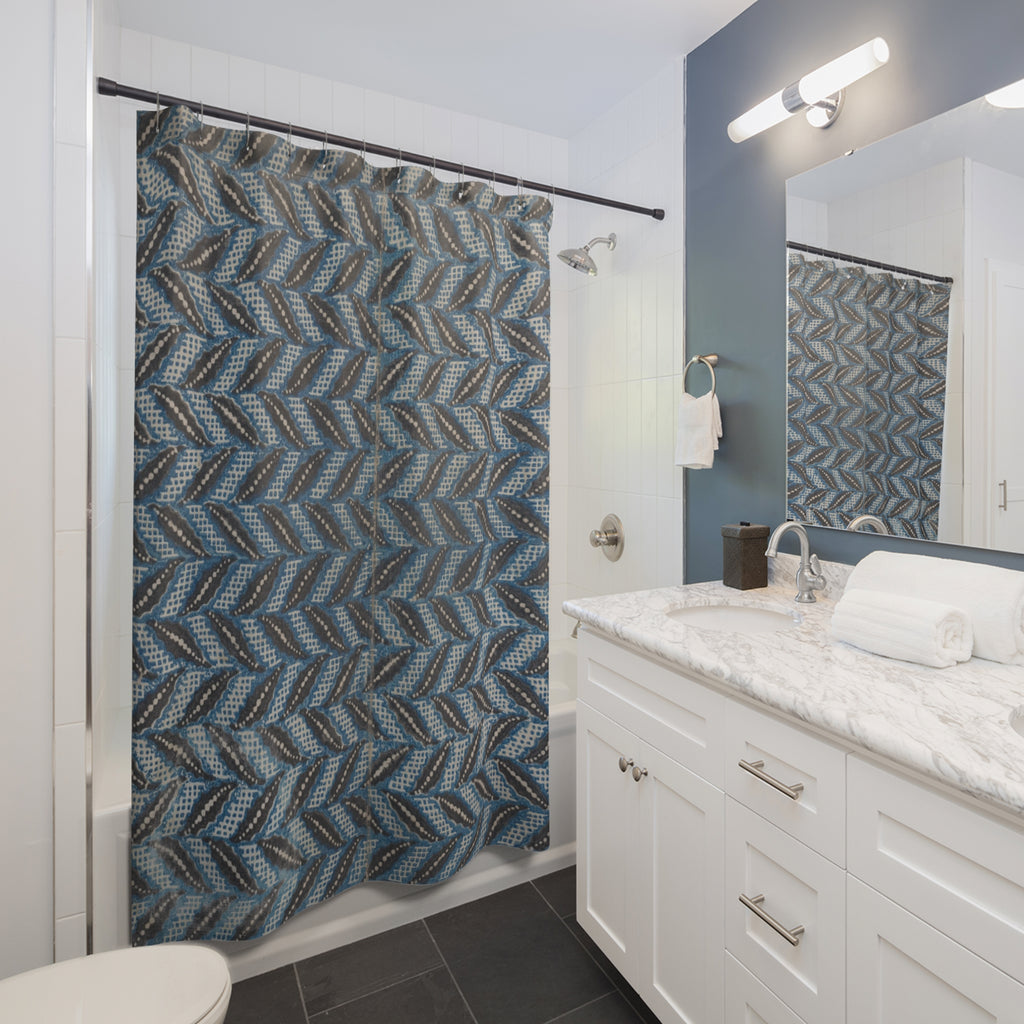 Antique Chevron Shower Curtain – Black, Blue & Grey