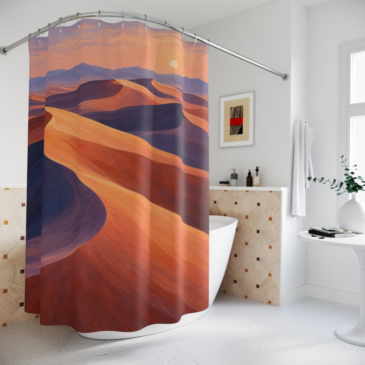 Painted orange dunes with purple canyon layers at sunset shower curtain beside a freestanding tub