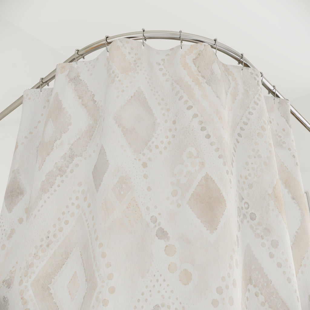 White Boho Shower Curtain, Diamond Ikat Bath Decor, Ivory Geometric Pattern, Cream Guest Bathroom Decor, Soft Earthy Ivory Style Decor