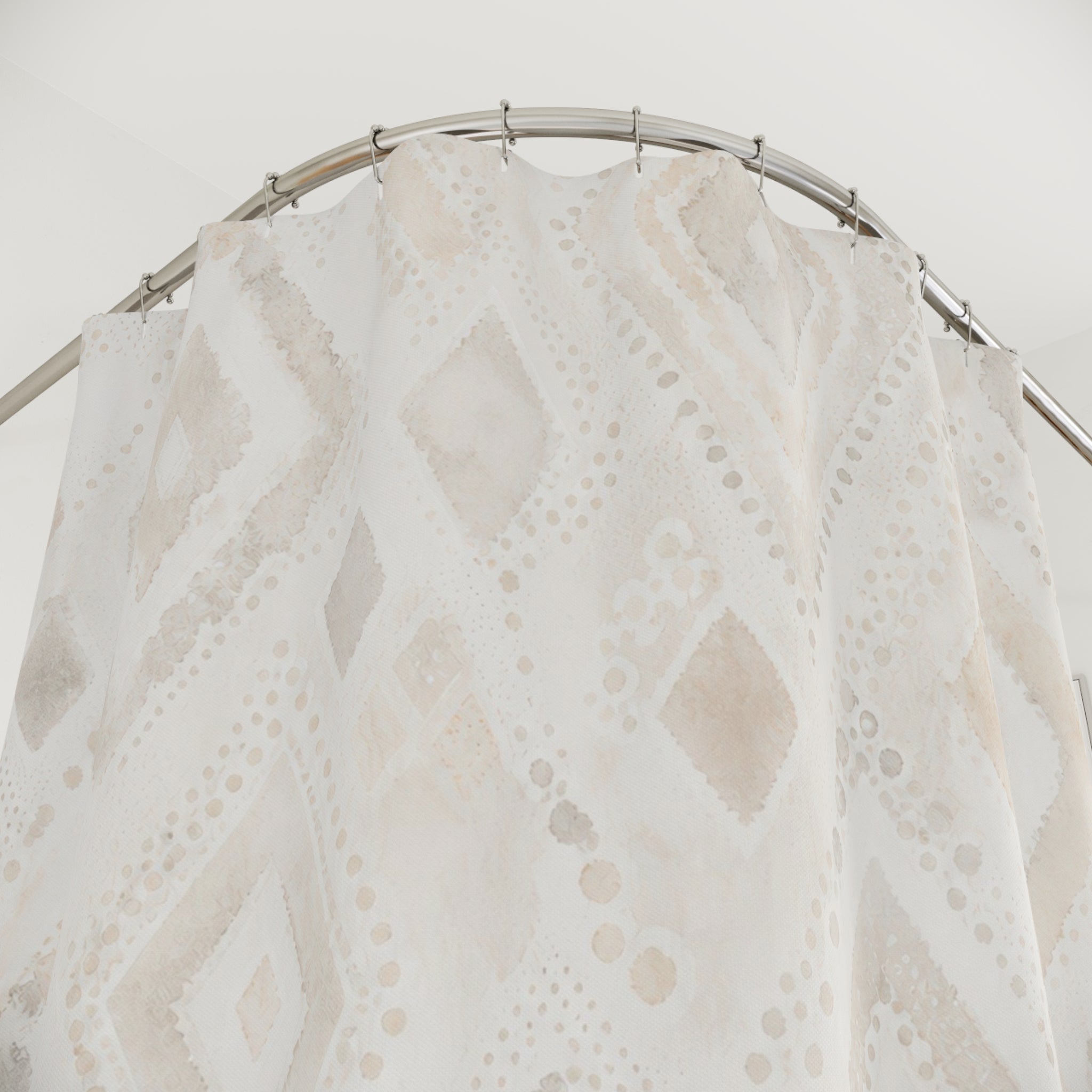 White Boho Shower Curtain, Diamond Ikat Bath Decor, Ivory Geometric Pattern, Cream Guest Bathroom Decor, Soft Earthy Ivory Style Decor