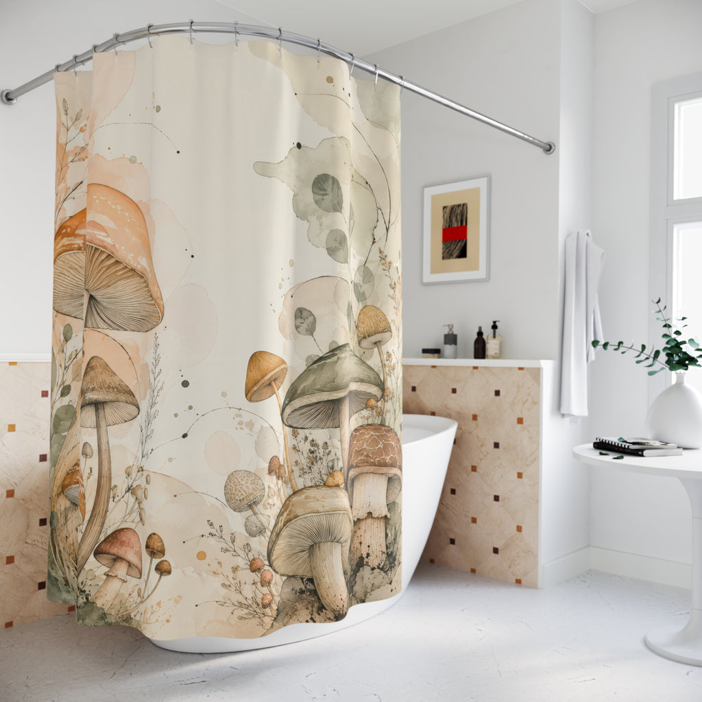 Peach and sage mushroom meadow on ivory shower curtain beside a freestanding tub