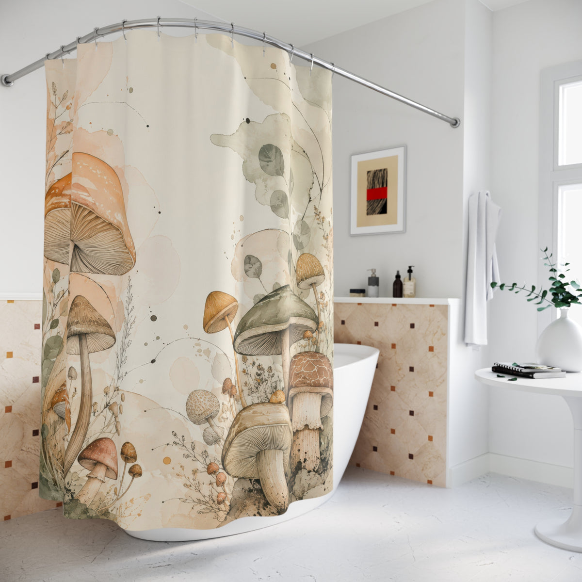 Peach and sage mushroom meadow on ivory shower curtain beside a freestanding tub