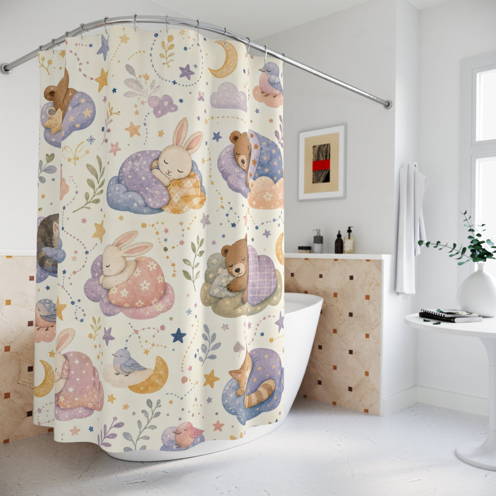 Kids Teddy Bear Shower Curtain, Sleepy Cloud Moon Pattern, Pastel Nursery Bathroom Decor, Bedtime Nursery Wall Decor Guest Bath Wall Gift