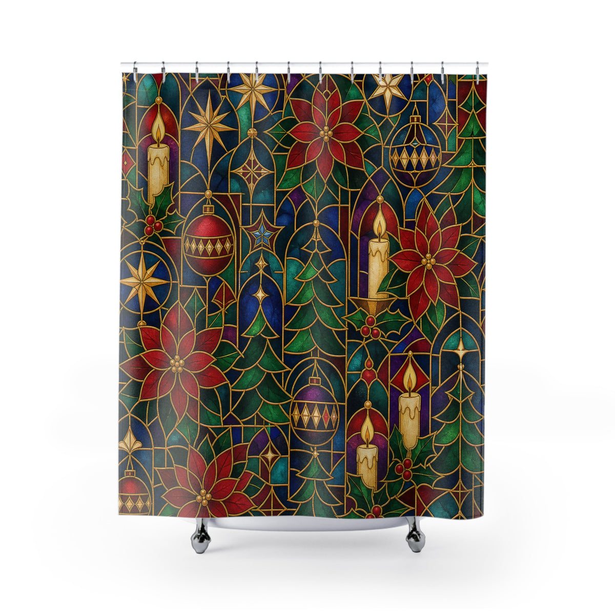 Stained Glass Ornament christmas pattern shower curtain with full front view
