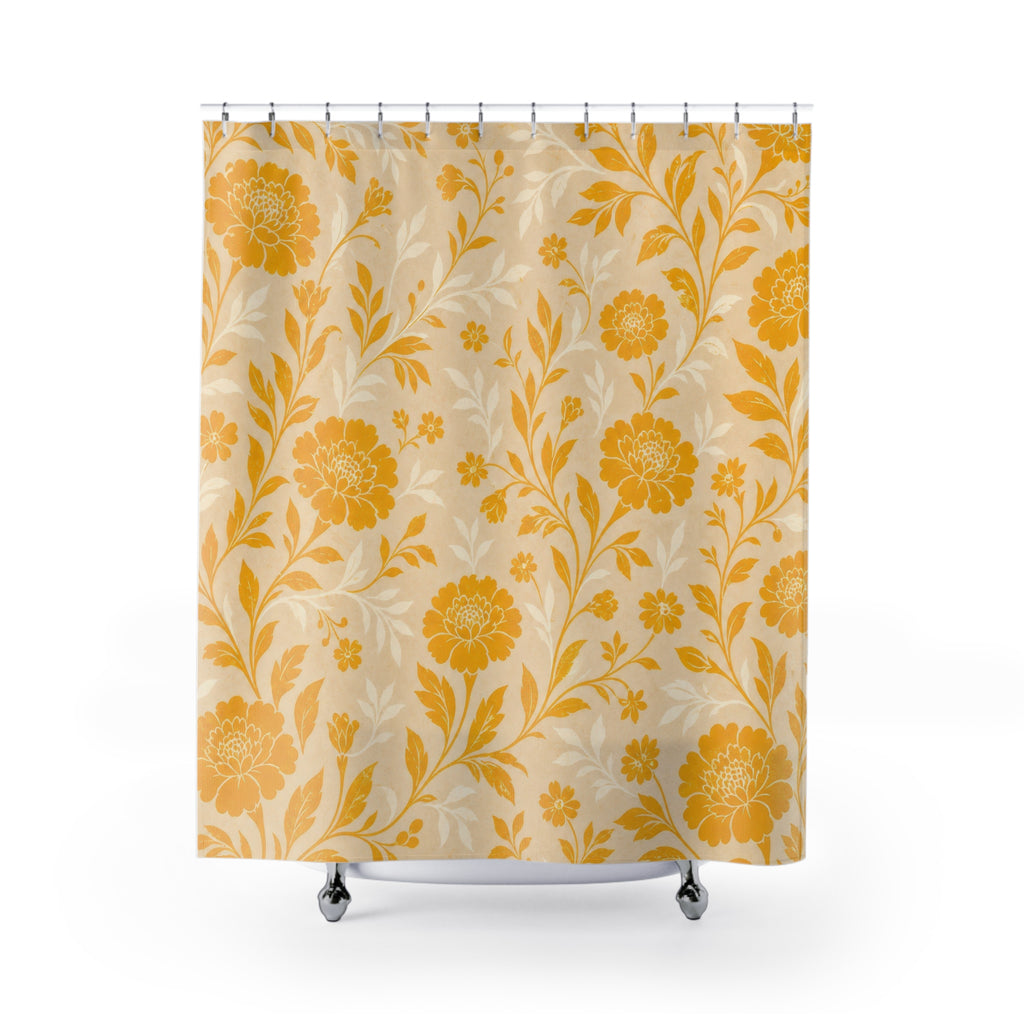 Beige Marigold Botanical Yellow Floral Shower Curtain