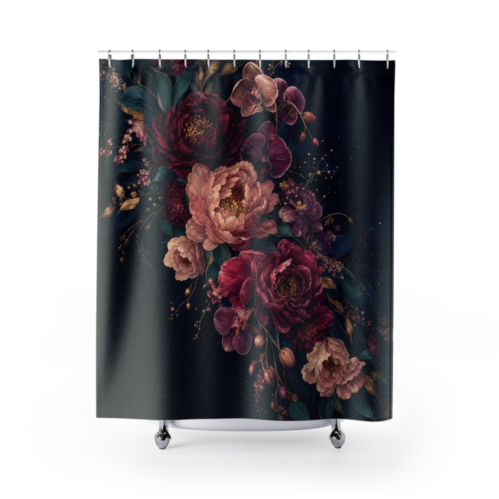 Midnight Peony and Orchid Shower Curtain