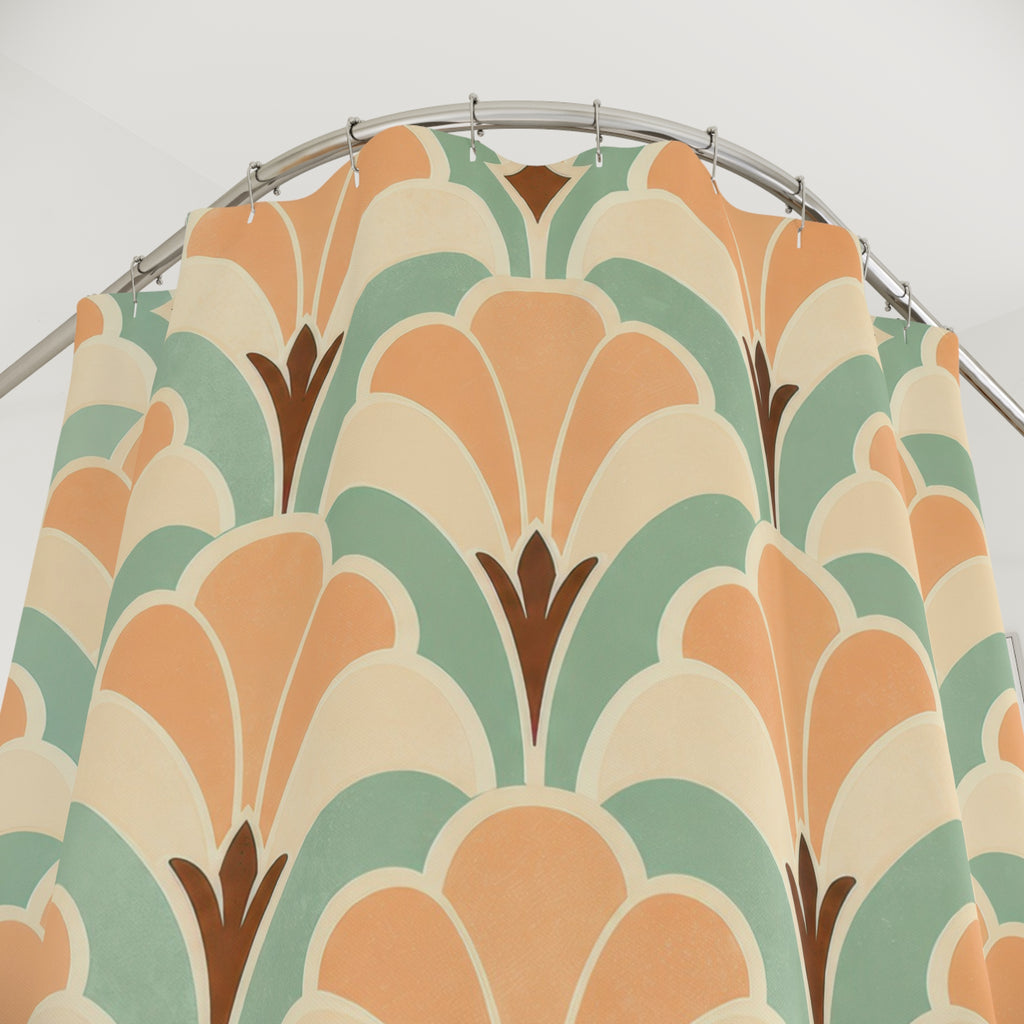 Retro Shower Curtain, Peach Mint Scallop Fan Pattern, Art Deco Bathroom Decor, Soft Peach Wall Decor Guest Bath Wall Gift For Home