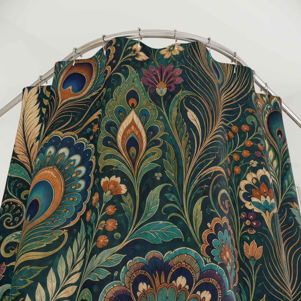 Unique Peacock Shower Curtain, Dark Green Feather Botanical Pattern, Teal Gold Maximalist Decor, Dramatic Guest Bath, Jewel Tone Style