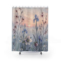 Winter snowdrops irises and hellebores in a frosted meadow shower curtain with full front view