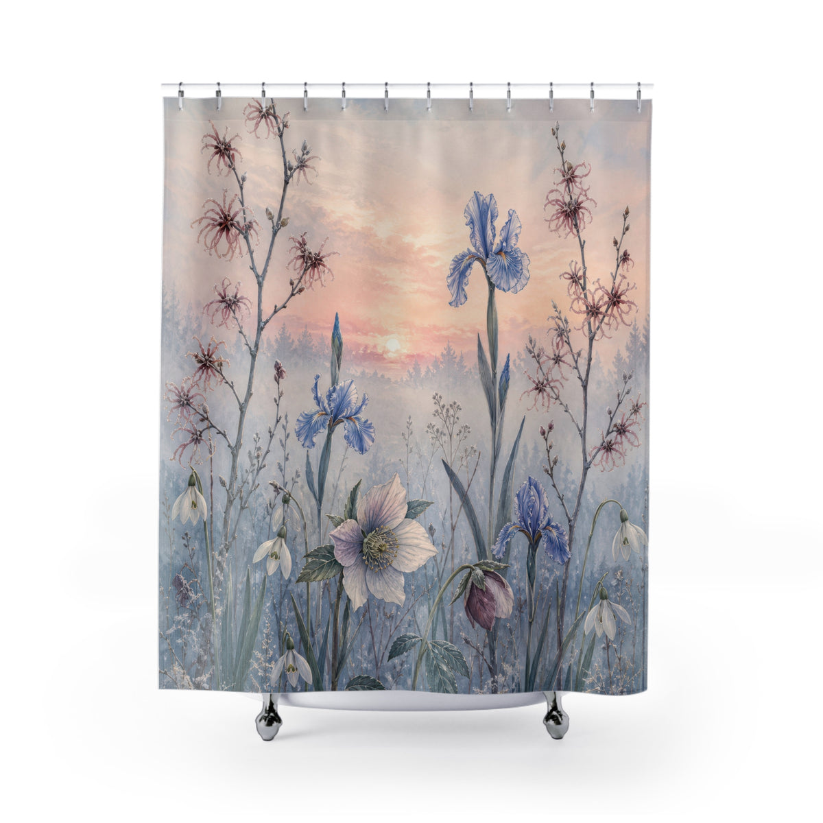 Winter snowdrops irises and hellebores in a frosted meadow shower curtain with full front view