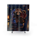 Tanuki lantern courier crossing an indigo canal at dusk shower curtain with full front view