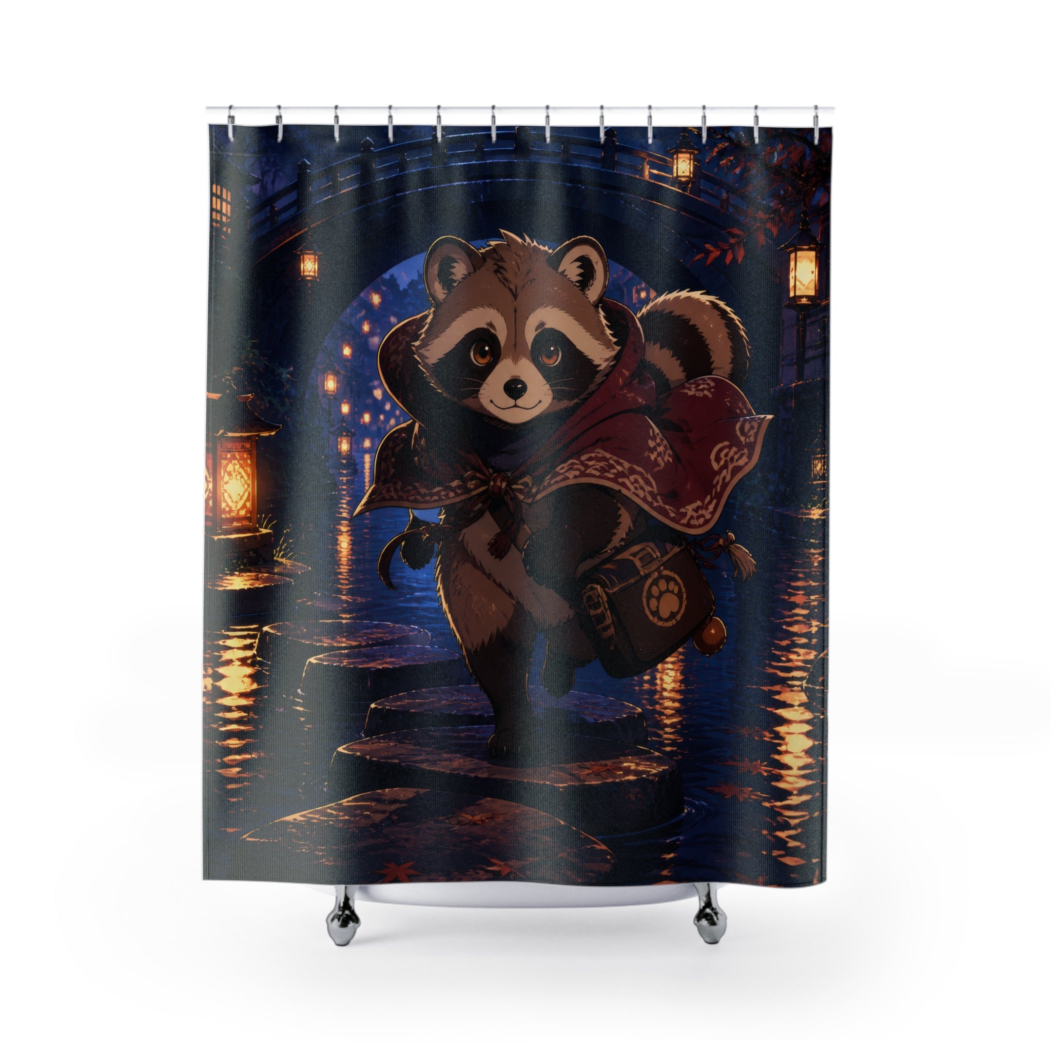 Tanuki lantern courier crossing an indigo canal at dusk shower curtain with full front view