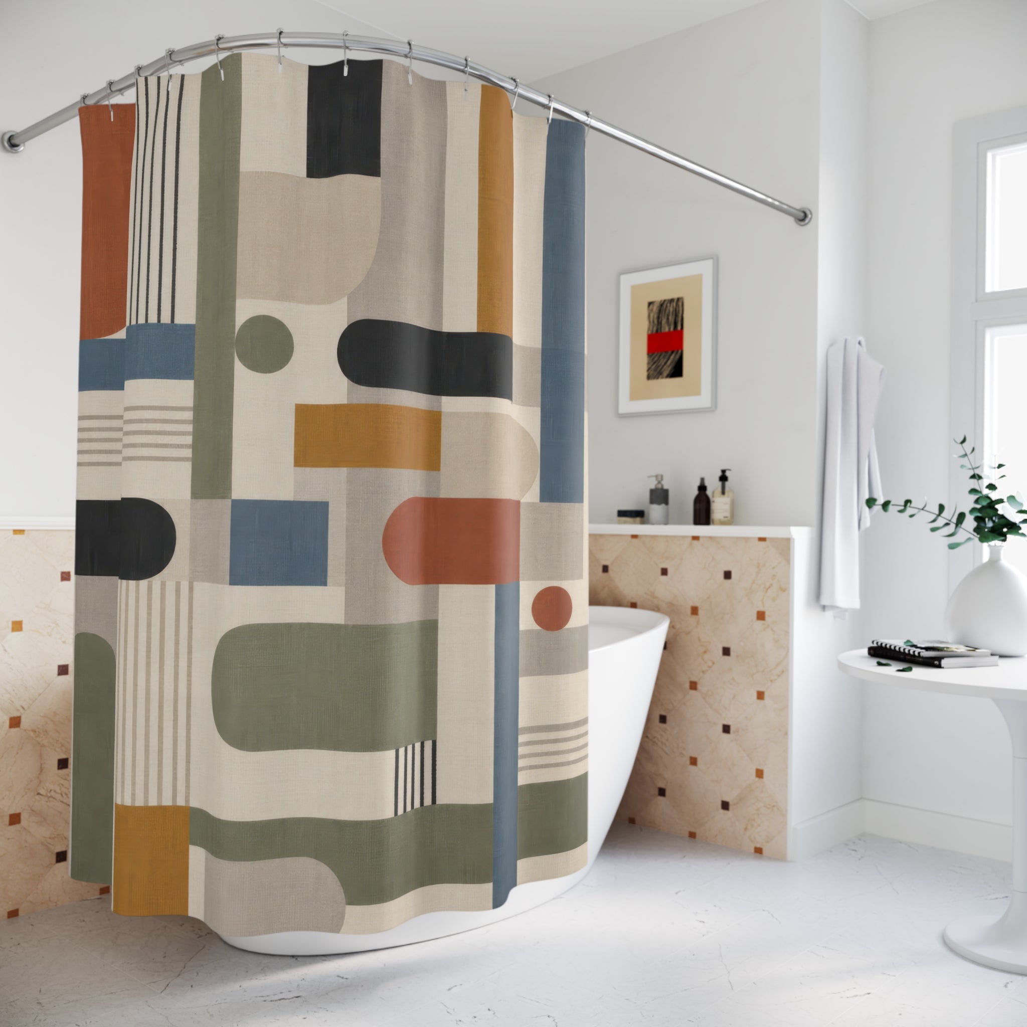 Modern Geometric Shower Curtain, Bauhaus Stripe Blocks, Blue Green Terracotta Abstract Bathroom Decor, Mid Century Bath Style, Retro Decor