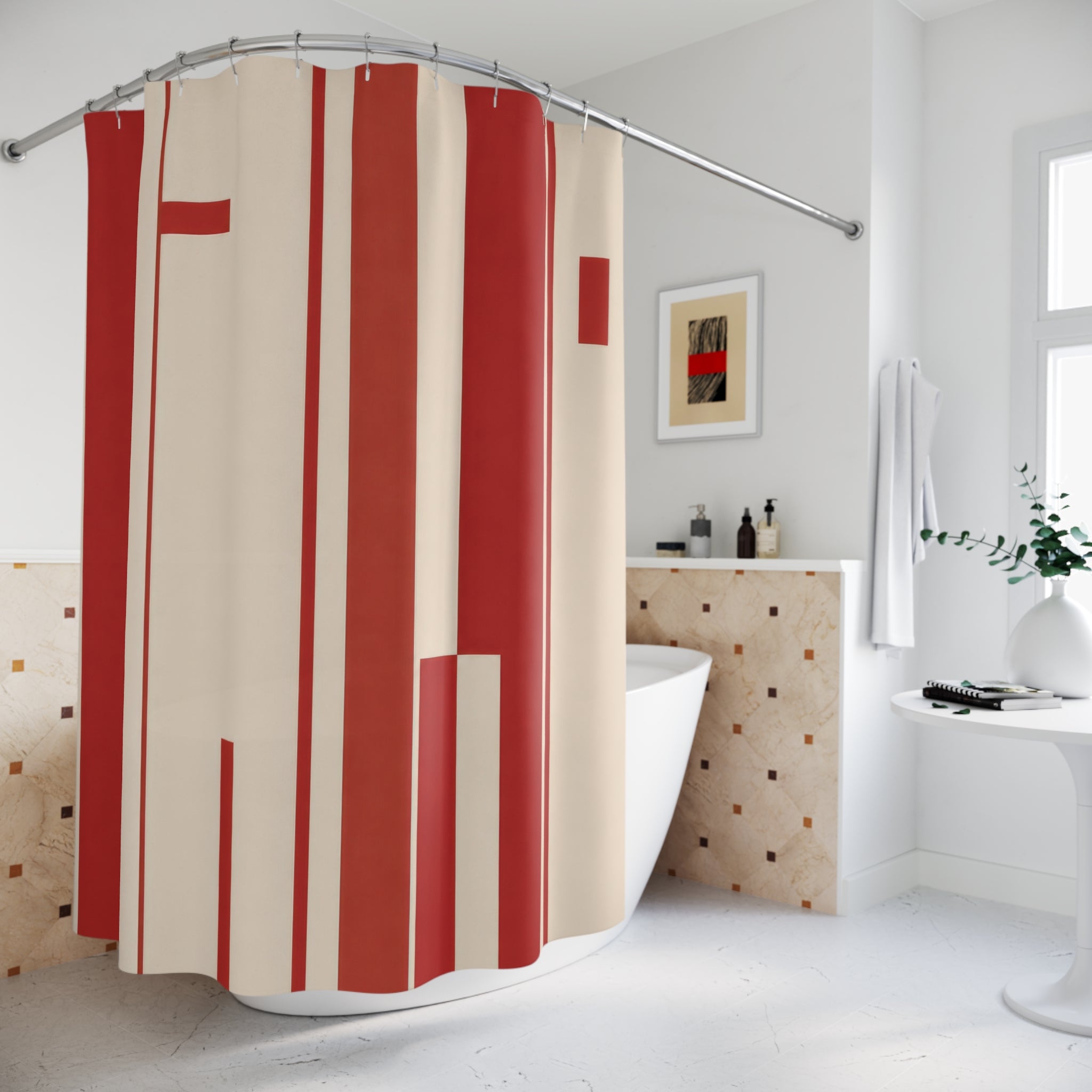 Red White Bauhaus Stripe Shower Curtain