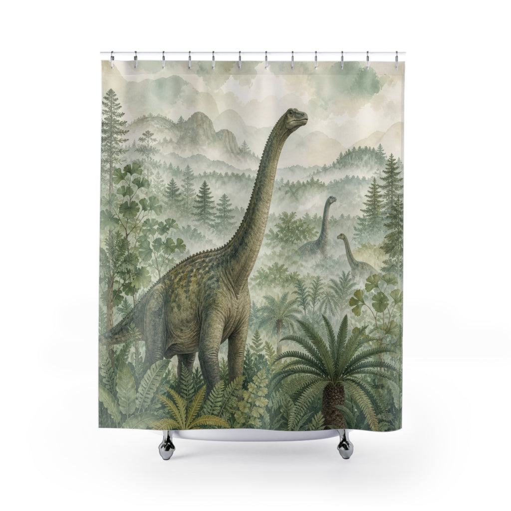 Sage watercolor sauropod family in a misty forest shower curtain with full front view