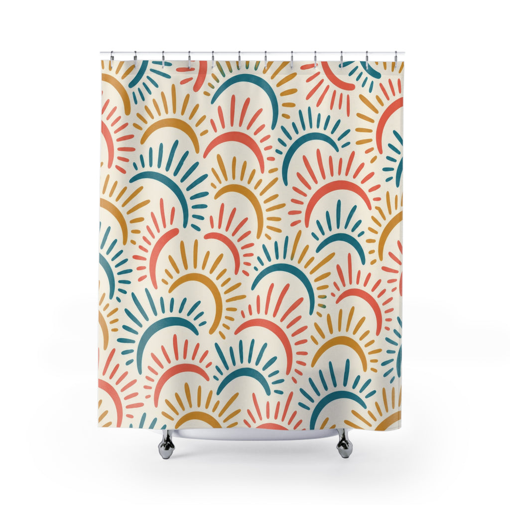 Coral, teal and ochre sun arcs with rays on ivory shower curtain with full front view