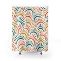 Coral, teal and ochre sun arcs with rays on ivory shower curtain with full front view
