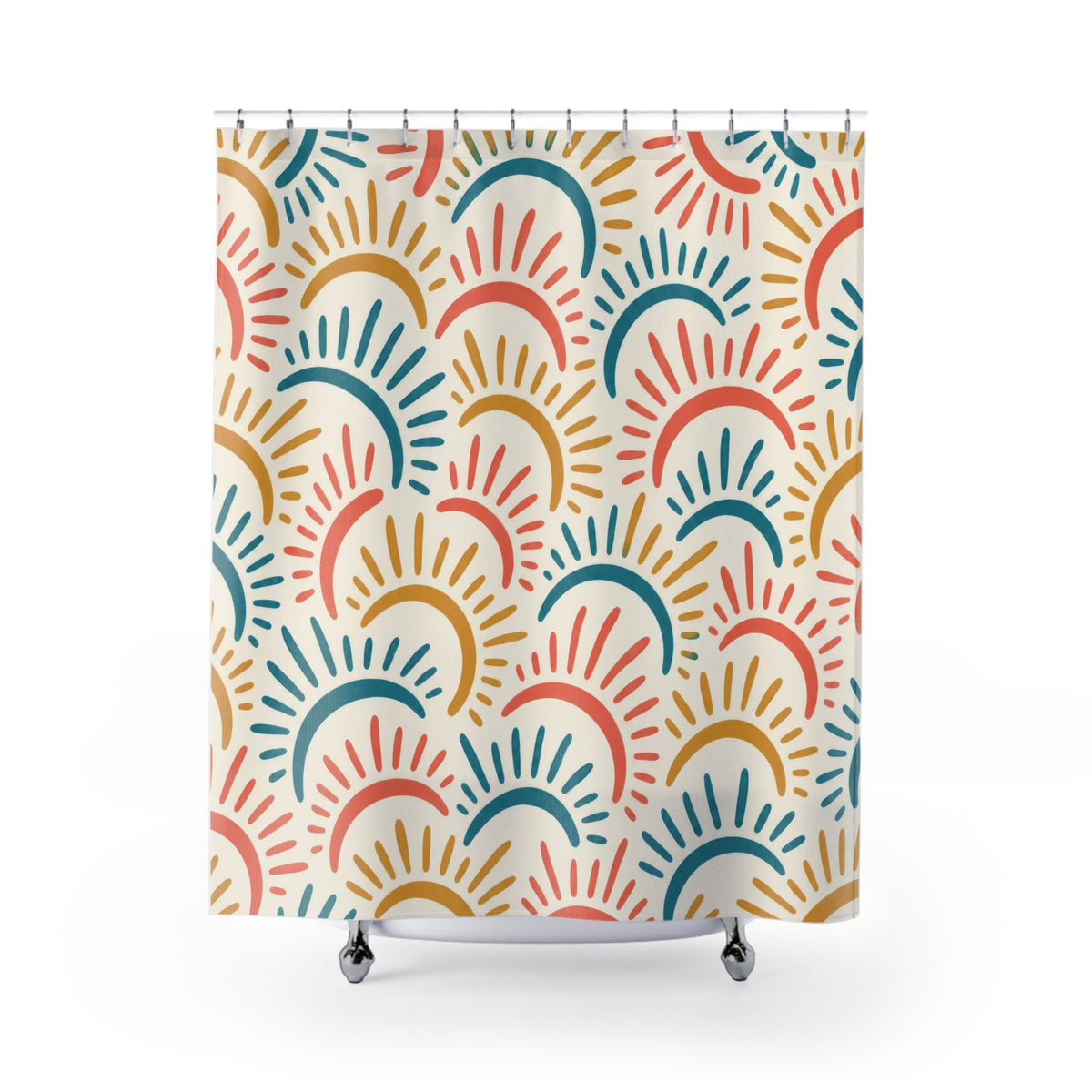 Coral, teal and ochre sun arcs with rays on ivory shower curtain with full front view