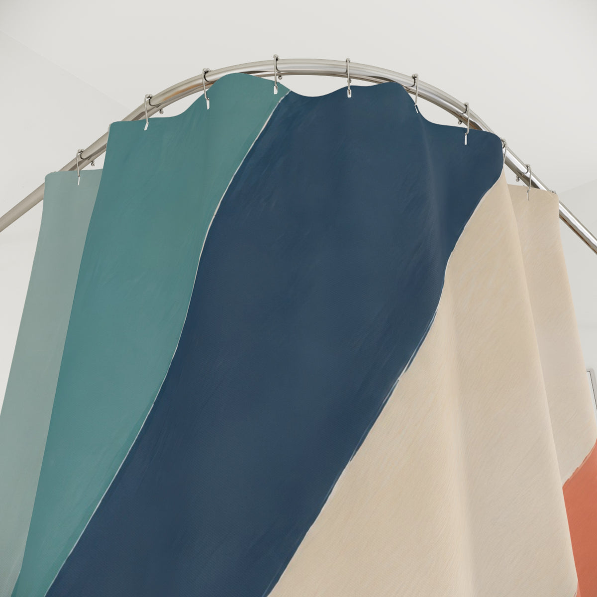 Radiating wide teal navy coral gold and cream stripes shower curtain with close-up print, hooks, and folds