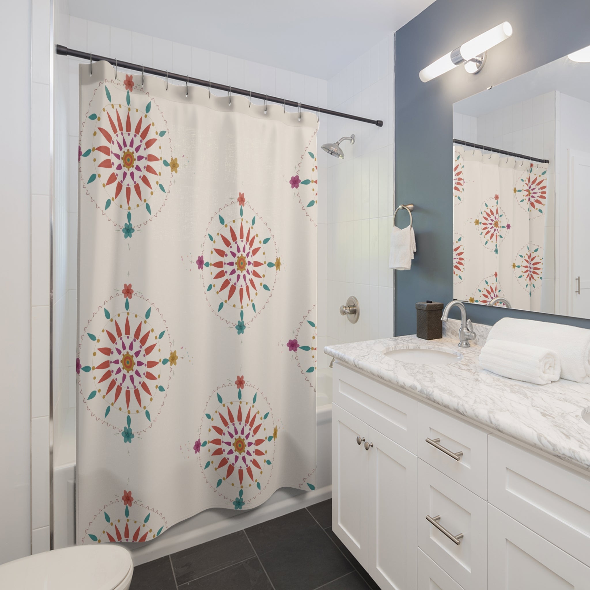 Colorful Boho Suzani Shower Curtain — Teal Coral