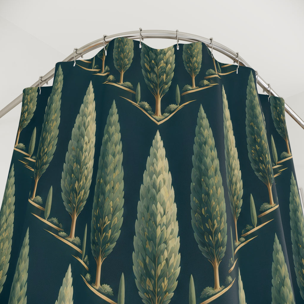 Sage cypress tree chevrons on deep teal shower curtain with close-up print, hooks, and folds